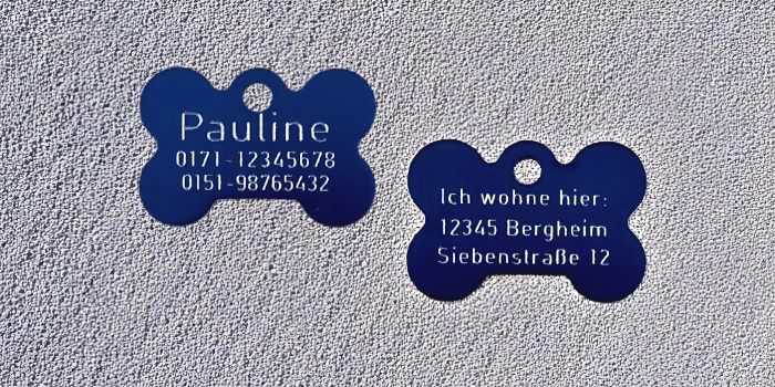 Hundmarken Aluminium Knochenform blau beidseitig