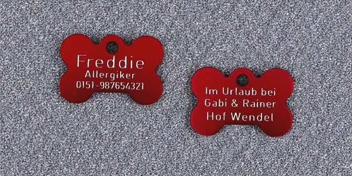 Hundmarken Aluminium Knochenform rot beidseitig